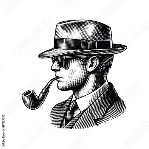 Vintage Engraving of a Man in Fedora Smoking a Pipe, drawn in an engraved, woodcut style with fine details sketch engraving vector illustration. Scratch board imitation. Black and white image. 
