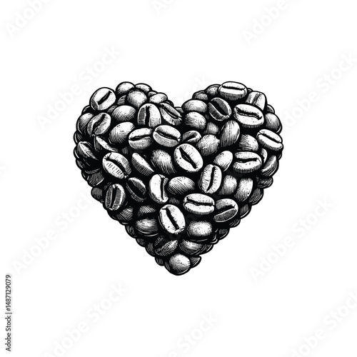 Heart Shaped Coffee Beans – Vintage Engraving Illustration, drawn in an engraved, woodcut style with fine details sketch engraving vector illustration. Scratch board imitation. Black and white image. 