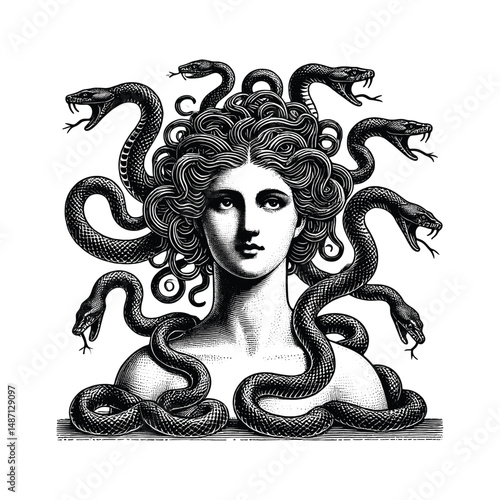 Vintage Engraving of Mythological Medusa with Snake Hair, drawn in an engraved, woodcut style with fine details sketch engraving vector illustration. Scratch board imitation. Black and white image. 