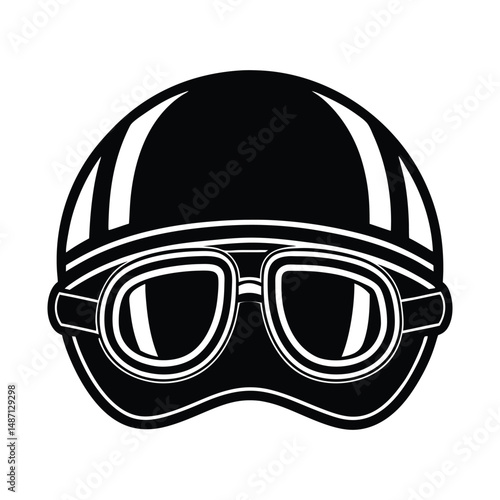 Vintage motorcycle helmet and goggles silhouette in classic black and white design