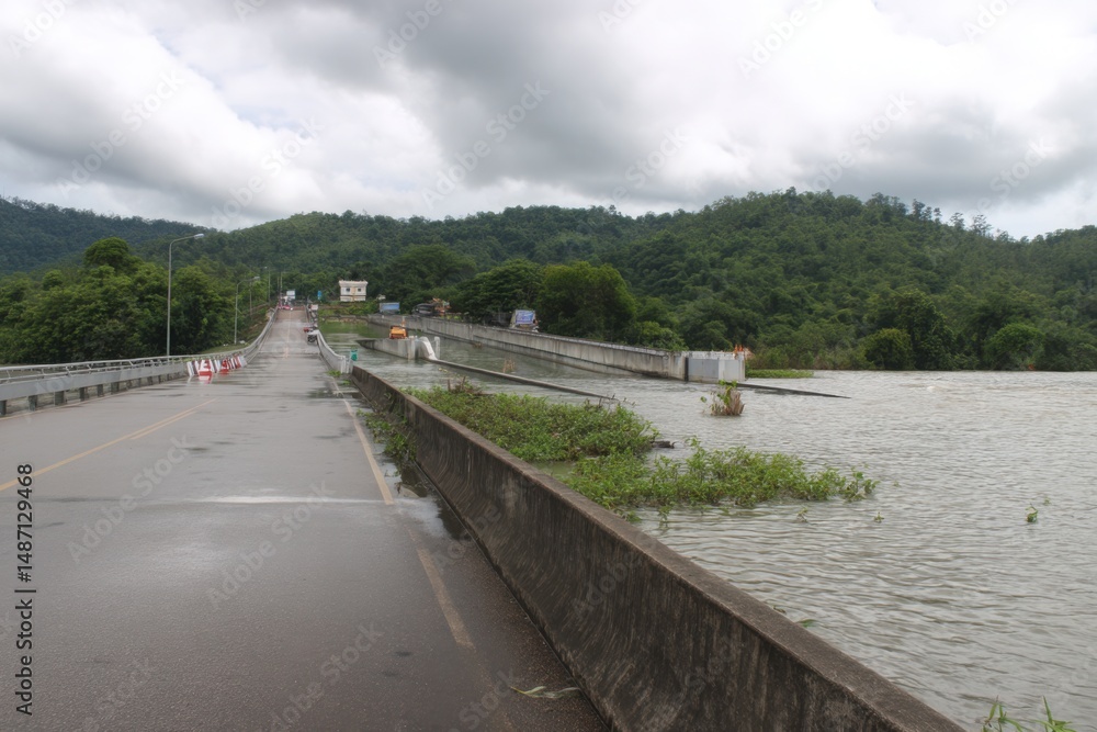 Fototapeta premium Flooded Bridge Over River in Thailand: Heavy Rainfall Causes Overflow, Natural Disaster, Green Mountains Landscape