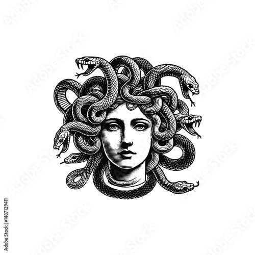 Black and White Illustration of Medusa with Snakes, drawn in an engraved, woodcut style with fine details sketch engraving vector illustration. Scratch board imitation. Black and white image. 