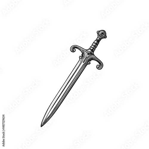 Engraved Portrait of Medieval Sword, drawn in an engraved, woodcut style with fine details sketch engraving vector illustration. Scratch board imitation. Black and white image. flat vector design