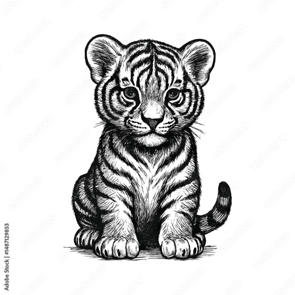 Naklejka premium Adorable Baby Tiger Cub Black and White Illustration, drawn in an engraved, woodcut style with fine details sketch engraving vector illustration. Scratch board imitation. Black and white image. 