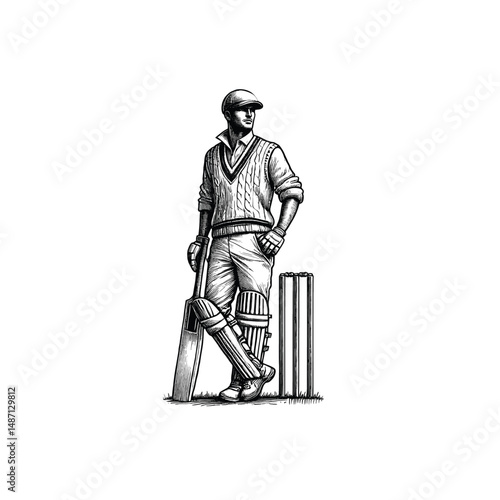 Vintage Cricket Player Engraving Illustration, drawn in an engraved, woodcut style with fine details sketch engraving vector illustration. Scratch board imitation. Black and white image. flat vector 
