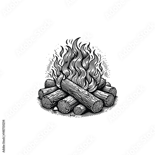 Vintage Camp fire Engraving Illustration, drawn in an engraved, woodcut style with fine details sketch engraving vector illustration. Scratch board imitation. Black and white image. flat vector design