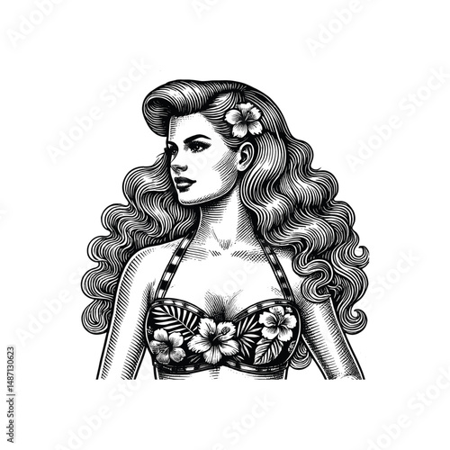 Hand-Drawn Vintage Pinup Model with Flowers, drawn in an engraved, woodcut style with fine details sketch engraving vector illustration. Scratch board imitation. Black and white image. flat vector 