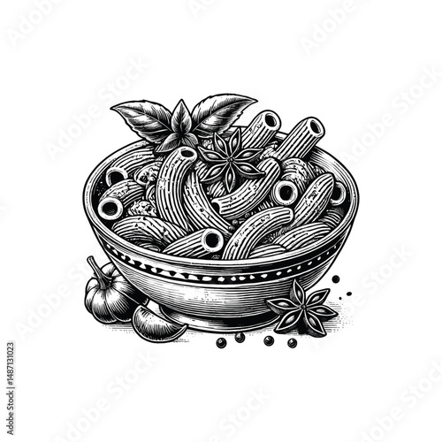 Vintage Bowl of pasta Engraving Illustration, drawn in an engraved, woodcut style with fine details sketch engraving vector illustration. Scratch board imitation. Black and white image. flat vector