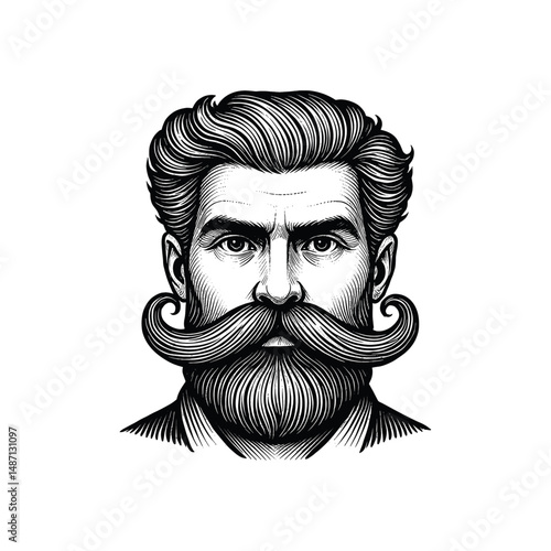 Vintage Man with big mustache Engraving Illustration, drawn in an engraved, woodcut style with fine details sketch engraving vector illustration. Scratch board imitation. Black and white image. 