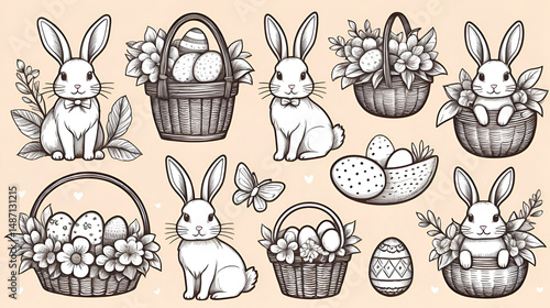 Set of doodle hand drawn elements for Easter in coquette style. Cute bunnies, bows and ribbons, flowers and leaves, basket, eggs. Cottagecore style. Vintage whimsical  vector illustration.