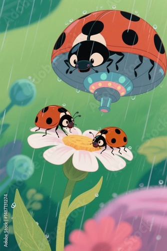 Ladybugs in the Rain on a Flower
