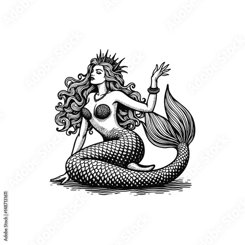 Vintage Mermaid queen with crown Engraving Illustration, drawn in an engraved, woodcut style with fine details sketch engraving vector illustration. Scratch board imitation. Black and white image. 