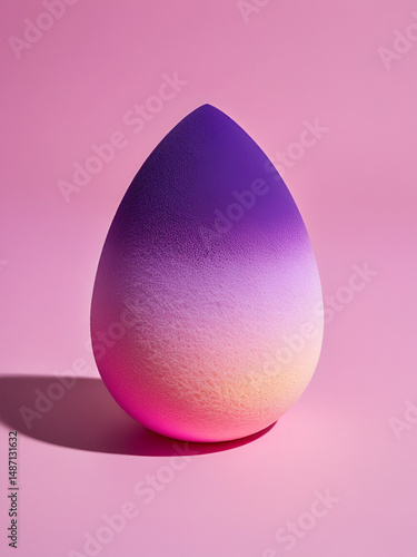 A teardrop-shaped makeup sponge, gradient pink and purple, sits on a solid pink background, lit by a dramatic spotlight.  The sponge casts a distinct shadow.