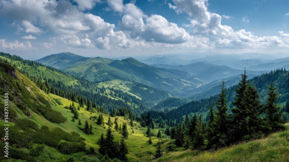 A breathtaking summer day in the Carpathian Mountains of Ukraine, where rolling green slopes meet dense coniferous forests under a radiant blue sky. A breathtaking summer day in the Carpathian Mountains of Ukraine, where rolling green slopes meet dense coniferous forests under a radiant blue sky.