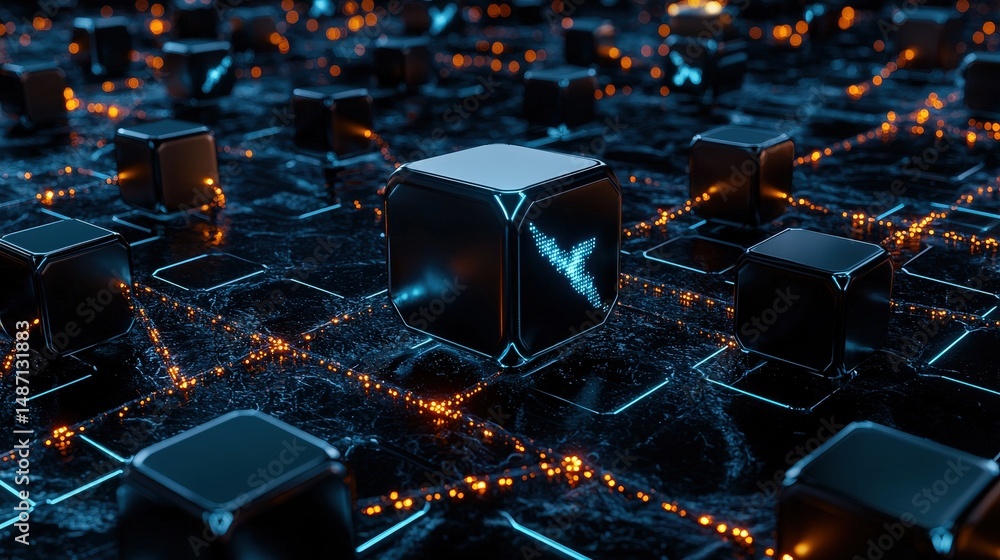 Fototapeta premium Dynamic digital cubes representing technology innovation in a futuristic environment 3d rendering perspective