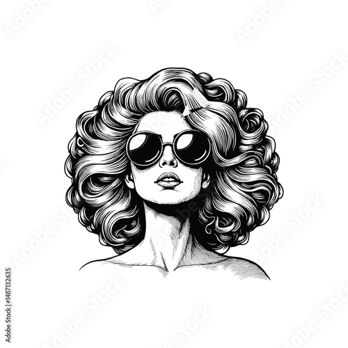 Vintage woman in sunglass Engraving Illustration, drawn in an engraved, woodcut style with fine details sketch engraving vector illustration. Scratch board imitation. Black and white image. 