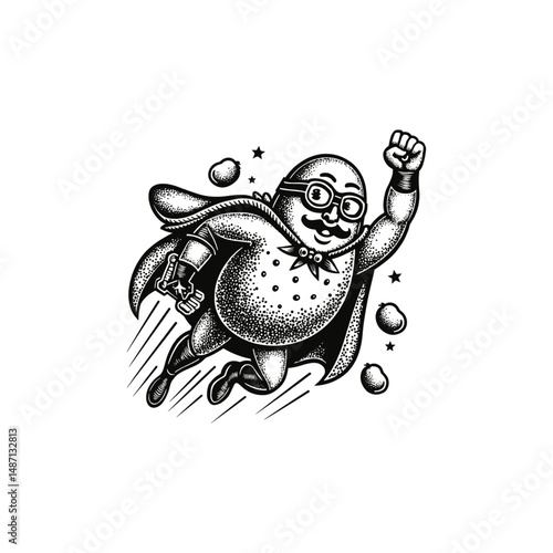 Vintage Potato super hero Engraving Illustration, drawn in an engraved, woodcut style with fine details sketch engraving vector illustration. Scratch board imitation. Black and white image. 