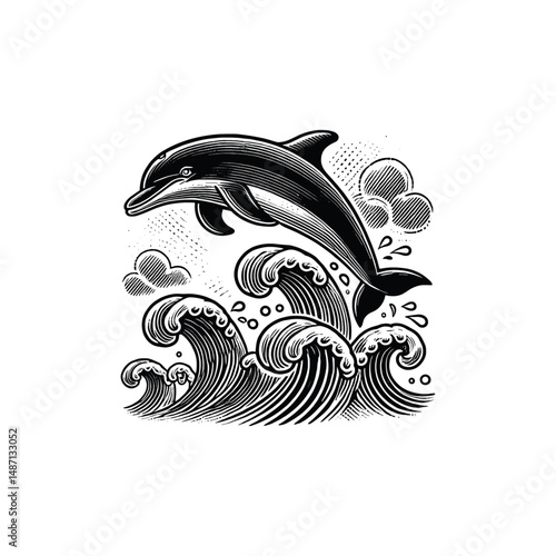 Vintage Dolphin with waves Engraving Illustration, drawn in an engraved, woodcut style with fine details sketch engraving vector illustration. Scratch board imitation. Black and white image. 