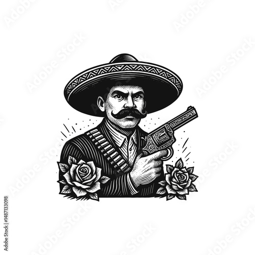 Vintage Mexican Guy with gun Engraving Illustration, drawn in an engraved, woodcut style with fine details sketch engraving vector illustration. Scratch board imitation. Black and white image. 