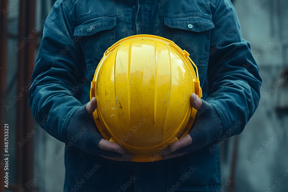 Construction Safety: Worker Holding Yellow Hard Hat in Industrial Setting Construction Safety: Worker Holding Yellow Hard Hat in Industrial Setting