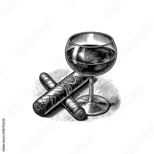 Vintage Wine with cigar Engraving Illustration, drawn in an engraved, woodcut style with fine details sketch engraving vector illustration. Scratch board imitation. Black and white image. flat vector 