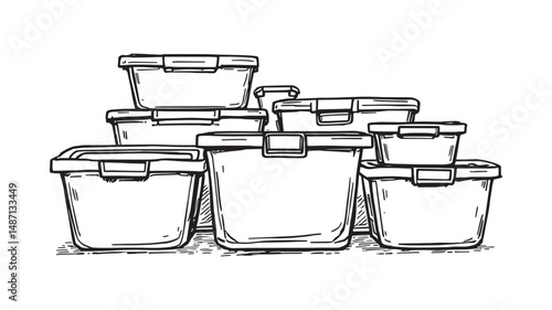 Plastic Storage line art image showcasing stackable lightweight storage boxes