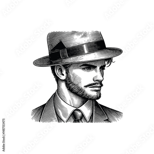 Vintage Young man with hat Engraving Illustration, drawn in an engraved, woodcut style with fine details sketch engraving vector illustration. Scratch board imitation. Black and white image. 
