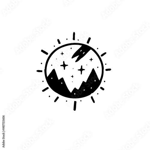 Stylized mountainscape enclosed within a radiant circular emblem design