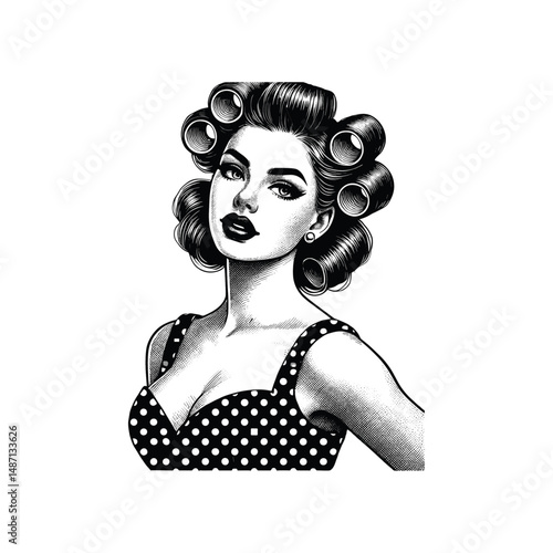 Vintage Pin up woman Engraving Illustration, drawn in an engraved, woodcut style with fine details sketch engraving vector illustration. Scratch board imitation. Black and white image. flat vector 