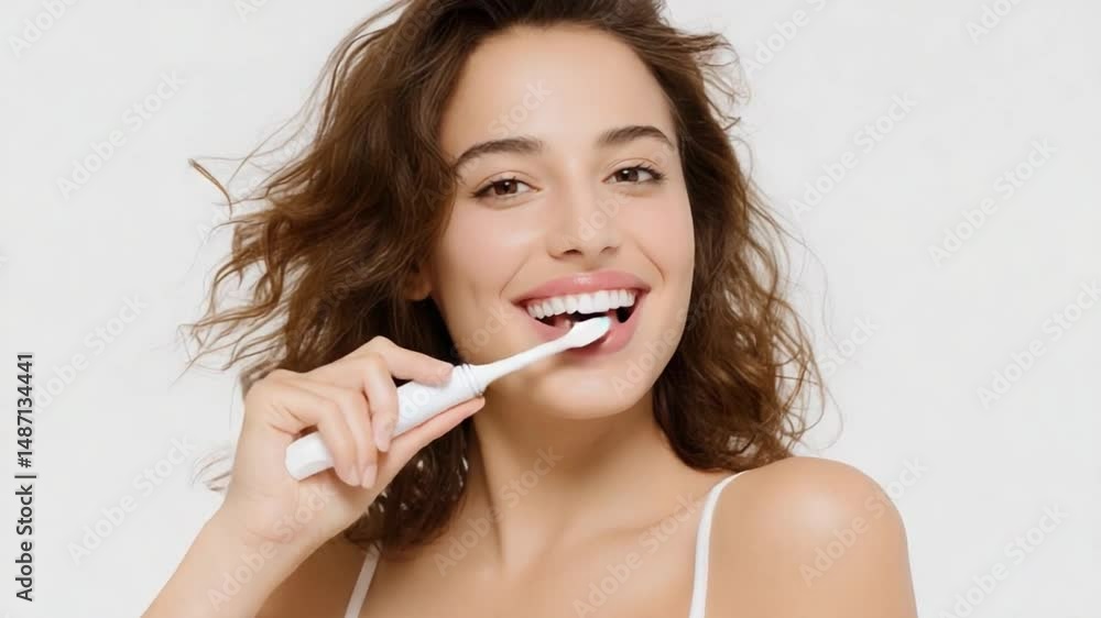 Radiant Smile and Oral Care: A young woman, radiating health and happiness, meticulously brushes her teeth with an electric toothbrush, highlighting the importance of oral hygiene and dental care. Radiant Smile and Oral Care: A young woman, radiating health and happiness, meticulously brushes her teeth with an electric toothbrush, highlighting the importance of oral hygiene and dental care.