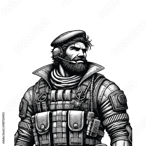 Vintage Army commander Engraving Illustration, drawn in an engraved, woodcut style with fine details sketch engraving vector illustration. Scratch board imitation. Black and white image. flat vector 