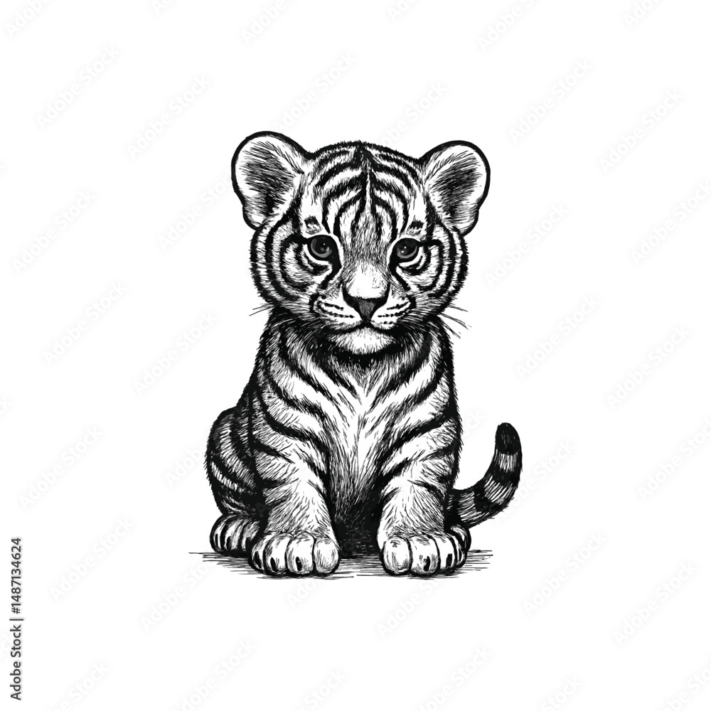 Obraz premium Vintage Baby tiger Illustration, drawn in an engraved, woodcut style with fine details sketch engraving vector illustration. Scratch board imitation. Black and white image. flat vector design