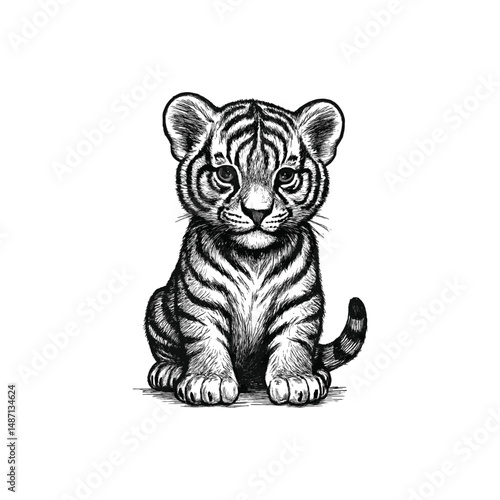 Vintage Baby tiger Illustration, drawn in an engraved, woodcut style with fine details sketch engraving vector illustration. Scratch board imitation. Black and white image. flat vector design