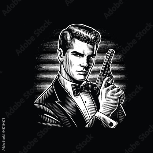 Vintage Detective with gun Illustration, drawn in an engraved, woodcut style with fine details sketch engraving vector illustration. Scratch board imitation. Black and white image. flat vector design