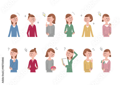 ポジティブな表情とネガティブな表情の女性 ,  上半身セット