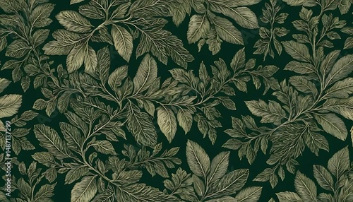 Elegant floral pattern showcases leaves and branches in a decorative, botanical illustration style.