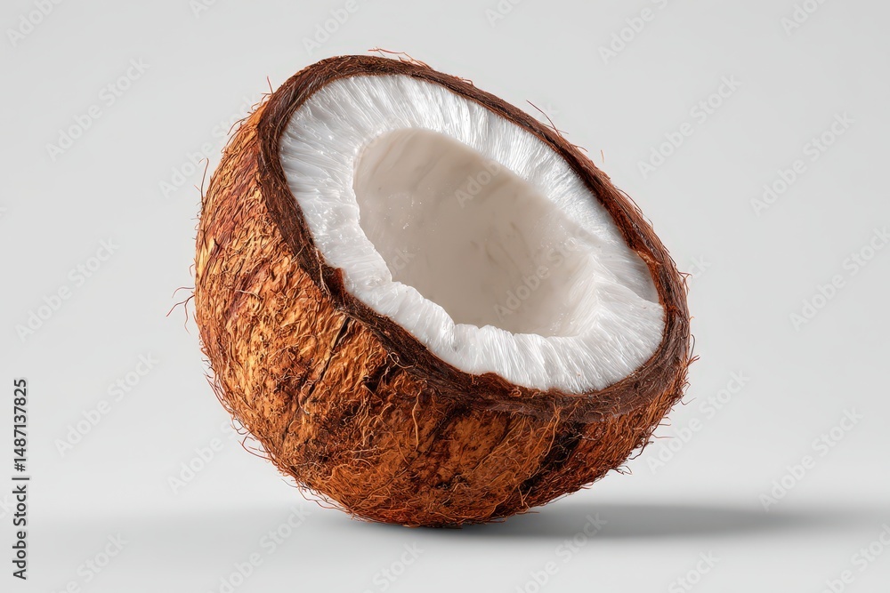 Half coconut on a neutral background showcasing its white flesh. Half coconut on a neutral background showcasing its white flesh.