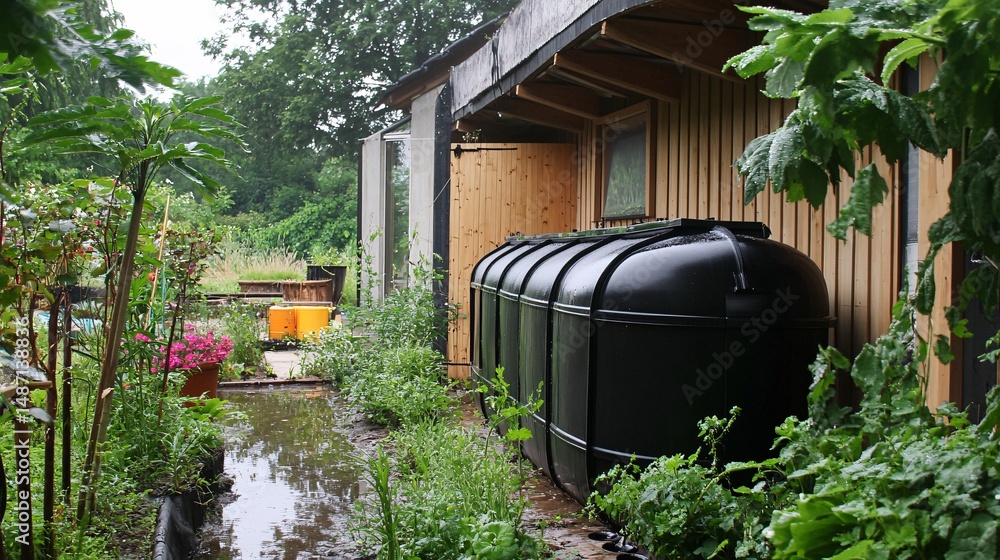 Naklejka premium Sustainable Living: Rainwater Harvesting System on Eco House