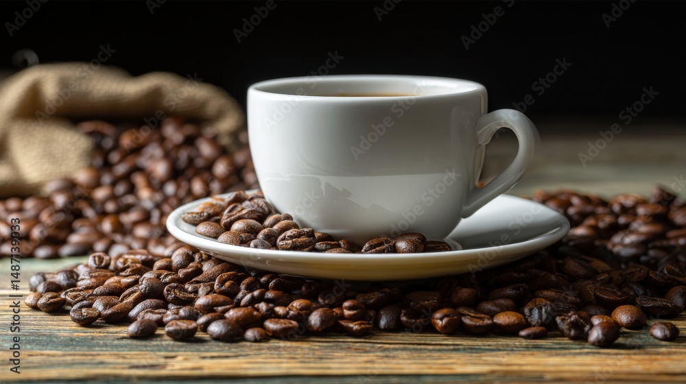 A fresh morning scene with a white coffee cup and saucer placed gracefully on a table, surrounded by rich brown coffee beans. A fresh morning scene with a white coffee cup and saucer placed gracefully on a table, surrounded by rich brown coffee beans.