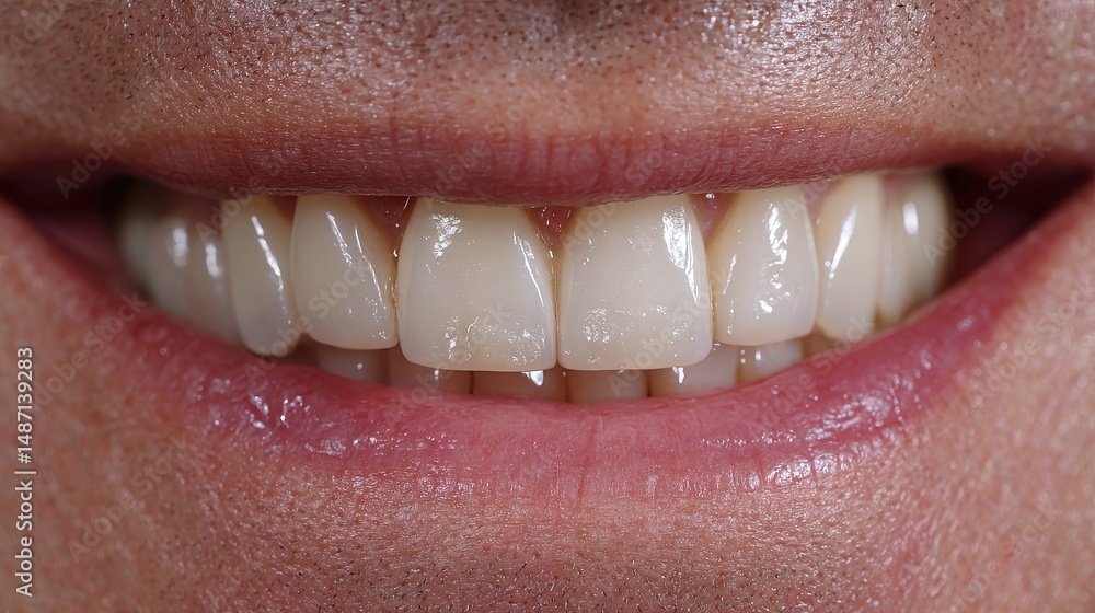 Fototapeta premium Close-up of a smiling mouth showcasing clean white teeth.