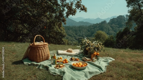 A green space picnic surrounded by hills, fruit neatly arranged for lifestyle photos or product presentation.