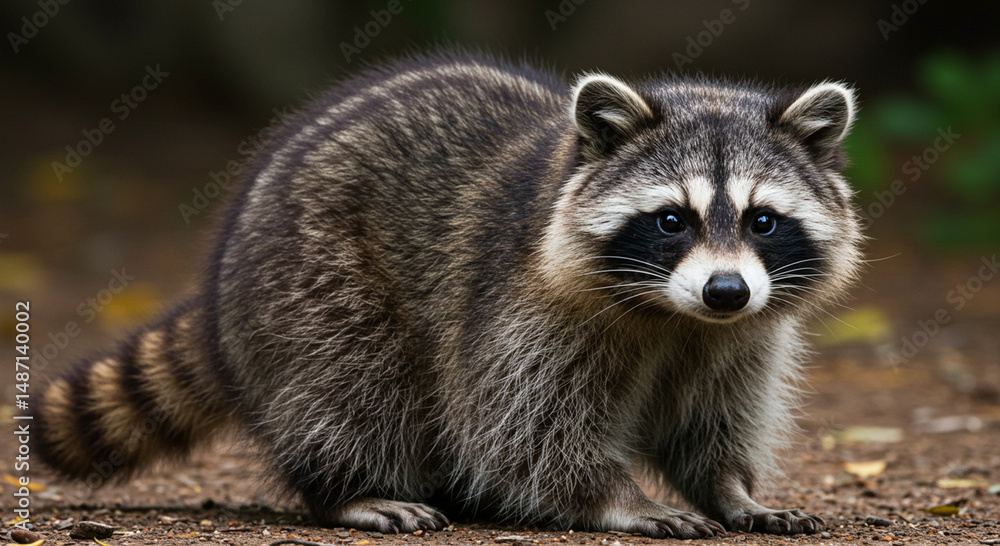 Fototapeta premium Captivating Close-Up of a North American Raccoon with Striking Facial Markings and Intense Gaze amid Woodland Scenery in Natural Light