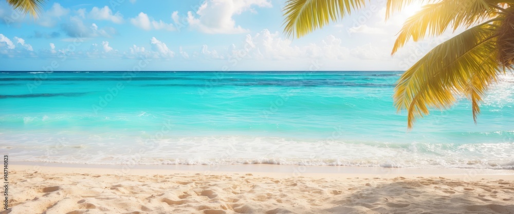 Fototapeta premium Sunny tropical Caribbean beach with palm trees and turquoise water, Caribbean island vacation, hot summer day copyspace