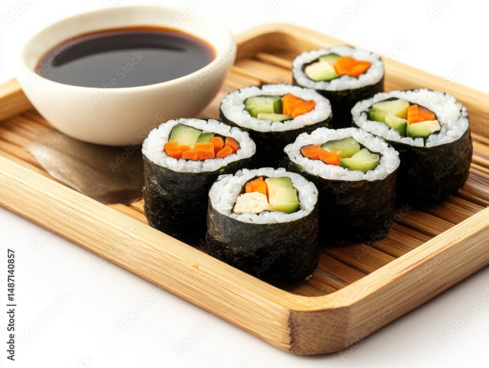 Fresh sushi rolls served on a wooden platter with dipping sauce during a casual dining experience Fresh sushi rolls served on a wooden platter with dipping sauce during a casual dining experience