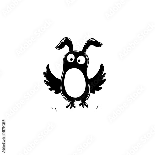 Whimsical creature hybrid, blending avian and lagomorph elements in monochromatic art