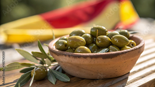 Green Olives in Rustic Bowl with Olive Branch