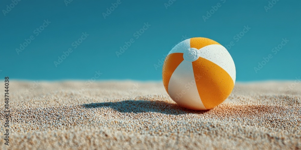 Obraz premium Beach ball on sandy beach: A bright, colorful beach ball sits invitingly on a soft, textured sandy beach, bathed in warm sunlight under a clear, azure sky. Ai Image