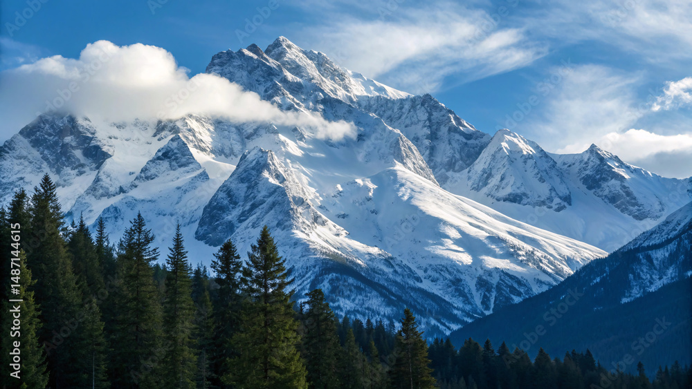 Fototapeta premium Majestic Snow Covered Mountain Peaks and Evergreen Forest