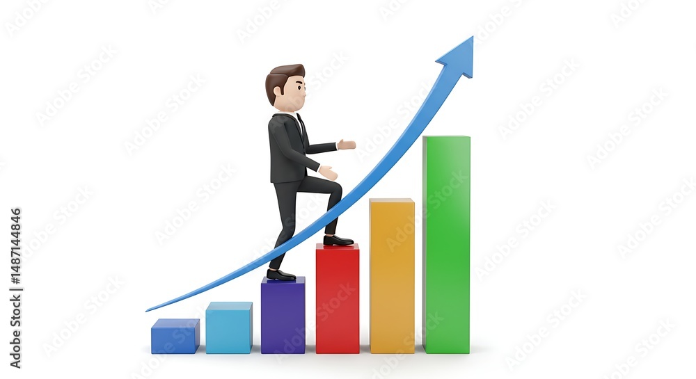 Character Climbing Growing Bar Chart with Arrow Upward Character Climbing Growing Bar Chart with Arrow Upward
