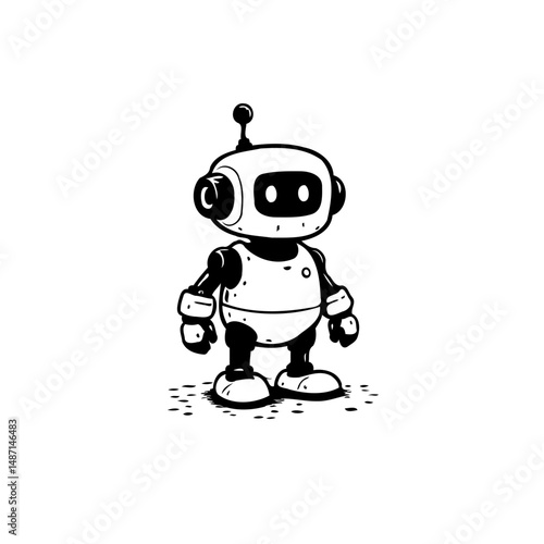 Stylized monochrome robot illustration evoking futuristic whimsy and technological innocence